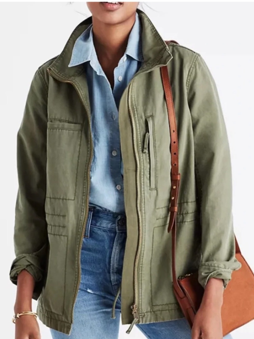 Madewell Olive Green Utility Jacket – Military Style Zip Front Field Jacket- Sm